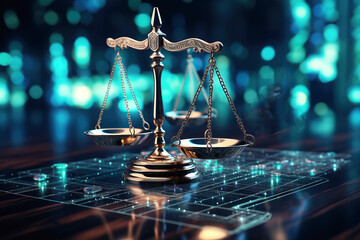 generated illustration of the scales of justice with a blue electric digital background.