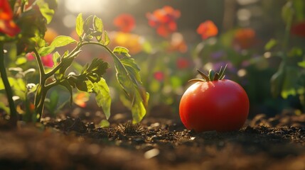 Canvas Print - A close-up of a ripe tomato growing in a garden bed, surrounded by green foliage and vibrant flowers, under the warm glow of the setting sun.