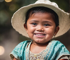 A Guatemalan young girl wearing a white hat and a blue dress is smiling