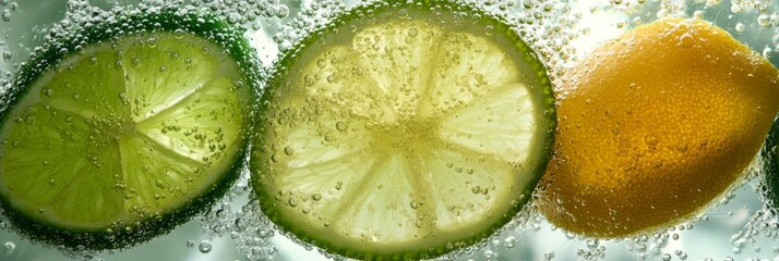 Poster - A close-up of lime and lemon slices submerged in sparkling water, representing freshness, hydration, and a burst of citrus flavor.