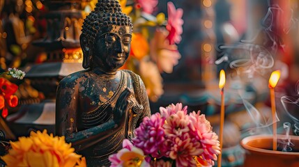 Wall Mural - Traditional Buddha statue with colorful floral arrangements and incense burning in the background. 