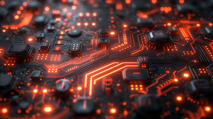 Wall Mural - A close up of a circuit board with red lines and glowing dots