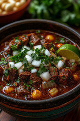 Wall Mural - classic mexican beef soup with hearty hominy and a flavorful, spicy broth