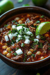 warming bowl of beef soup with hominy, onions, cilantro, and a squeeze of lime