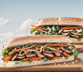 Wall Mural - Two sandwiches with meat and vegetables on a wooden table