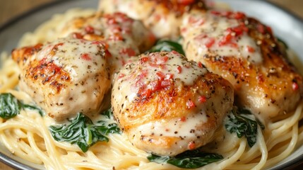 Poster - A delicious and satisfying meal with tender chicken, creamy sauce, and fresh spinach served over pasta.