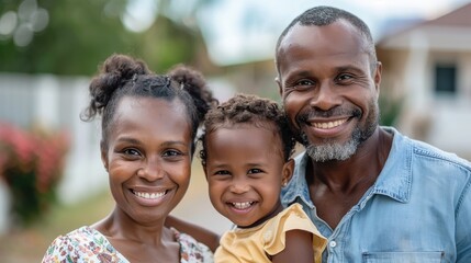 A cheerful family of three, including parents and a young daughter, smiling warmly while posing outdoors, representing happiness, unity, and the joy of family life.