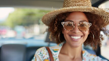 A fashionable woman with curly hair, wearing a stylish hat and sunglasses, smiles brightly while seated in a car, radiating warmth and a sense of adventure and confidence.