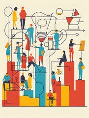 Wall Mural - A diverse group of people collaborate and brainstorm ideas, with a lightbulb symbolizing inspiration,  connected by lines representing communication and interconnectedness