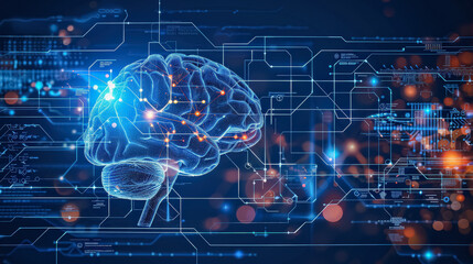 A brain is shown in a computer monitor with a blue background. The brain is surrounded by a network of wires and circuits, giving the impression of a complex and intricate system