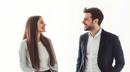 Wall Mural - Sparkling Connection: Two professionals, a man and a woman, share a warm, genuine smile and a moment of connection, radiating positive energy in a professional setting.  