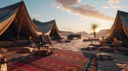 Authentic Bedouin-style tents placed within the desert's heat