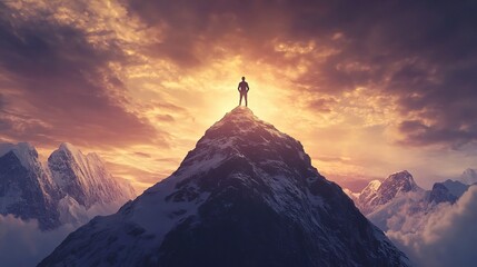 Wall Mural - business goals, with a person standing triumphantly on top of a mountain, symbolizing achievement