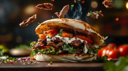 Wall Mural - A juicy doner kebab sandwich with fresh vegetables, herbs, and a creamy sauce, all packed into a toasted pita bread. It's a perfect meal for any time of day.