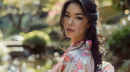 A serene portrait of a woman in a floral kimono, surrounded by nature, exuding grace and traditional elegance.