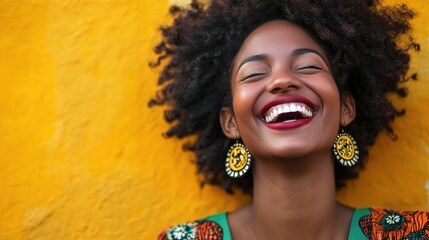 Poster - Woman laughing joyfully, vibrant colors, candid moment