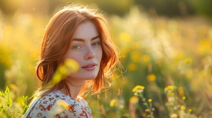 A serene portrait of a young woman amidst a sunlit field, capturing natural beauty and a moment of peaceful reflection.