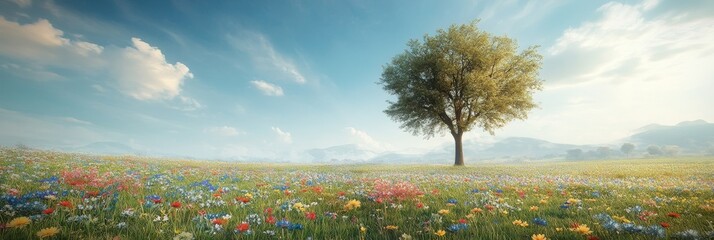 Canvas Print - A lone tree stands tall in a field of vibrant wildflowers, symbolizing peace, resilience, beauty, nature's wonder, and hope.