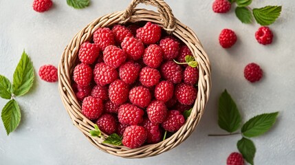 Wall Mural - Top view of a basket overflowing with freshly picked raspberries, set against light background