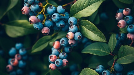 Wall Mural - A detailed shot of a blueberry bush, with clusters of ripe berries and green leaves