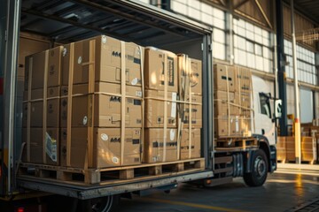 Boxes being loaded onto a truck for delivery in logistics center