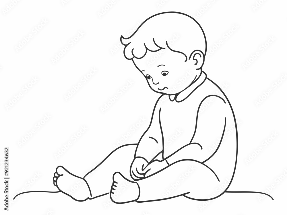 continuous single line drawing of toddler in onesie sitting on floor ...
