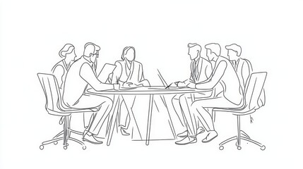 Canvas Print - A simple line drawing illustration of a business team meeting around a table, symbolizing collaboration, brainstorming, communication, and teamwork in a professional setting.