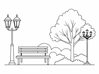 continuous single line drawing of bench and lantern in public park, line art vector illustration
