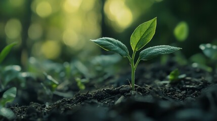 Wall Mural - A single green sprout emerges from rich soil, symbolizing new beginnings, growth, sustainability, hope, and the power of nature.