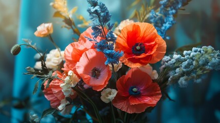 Poster - A stunning bouquet of red poppies and blue flowers arranged against a teal background, symbolizing beauty, passion, hope, and delicate nature.