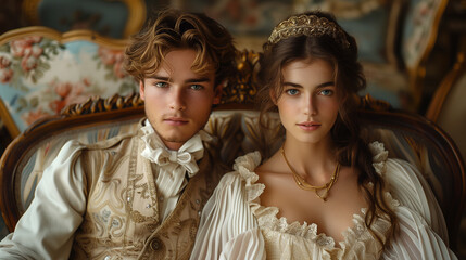 Canvas Print - Portrait of a boy and a girl wearing ancient elegant noble clothes in a luxury building. 