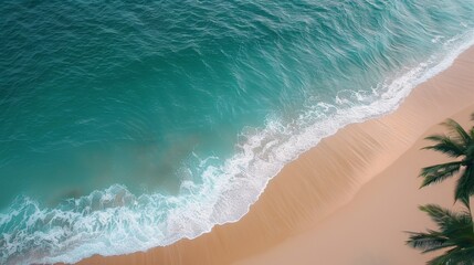 Sticker - Calm Waves Lapping at Sandy Shore With Palm Fronds in Tropical Paradise