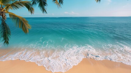 Wall Mural - Calm Waves Lapping at Sandy Shore With Palm Fronds in Tropical Paradise