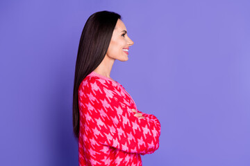 Photo of shiny attractive lady dressed pink cardigan arms folded empty space isolated violet color background