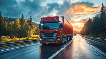 Red truck on wet highway amidst scenic sunrise view.