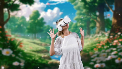 Excited woman looking around by VR surround enchant wonderful fairytale forest wild flower with snowfall at steam water in meta magical world like fairy tale in flower jungle timer tale. Contraption.