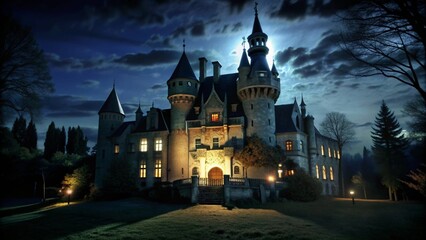 An ancient stone castle with lit windows stands under a cloudy night sky.