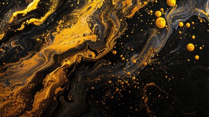 Sticker - A stunning abstract background with gold and black fluid art, enhanced by charming floating bubbles