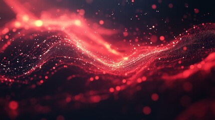 Wall Mural - This abstract image features a vibrant red particle wave, symbolizing energy, flow, movement, connection, and digital technology.