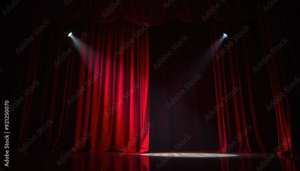 Dramatic theater stage with red velvet curtains and spotlight ...