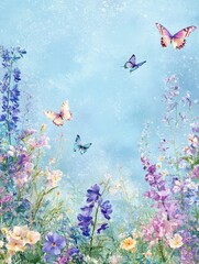 Wall Mural - A beautiful watercolor painting of a field of flowers with butterflies flying in a blue sky. The image symbolizes beauty, nature, peace, freedom, and joy.