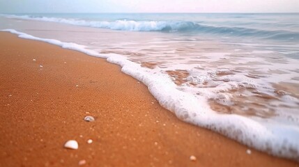 Wall Mural - Gentle Waves Lapping Against Sandy Shore at Sunrise in a Coastal Paradise