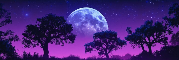 Wall Mural - A breathtaking night scene with a large, full moon glowing brightly in a purple sky. Silhouetted trees stand tall against the celestial backdrop. The image evokes feelings of wonder, peace