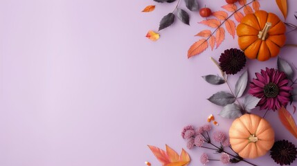 Sticker - Autumn Floral Arrangement With Pumpkin and Colorful Blooms on Purple Background