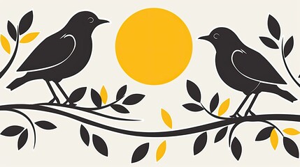 Wall Mural - A logo featuring two silhouetted birds perched on the branches 