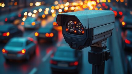 Security camera monitoring city traffic during dusk