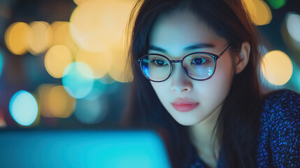 A young Asian business woman in eyeglasses, working intently on her laptop computer.