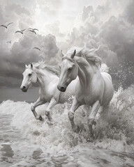 Wall Mural - Majestic White Horses Galloping Through a Darkened Landscape