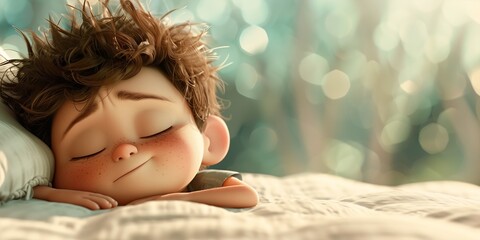 young boy sleeping bed pillow studio rosy cheeks freckles focus close dreaming eyes hair smiling expression gel spiked hopeful bright nest cute