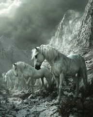 Wall Mural - Majestic White Horses Galloping Through a Darkened Landscape